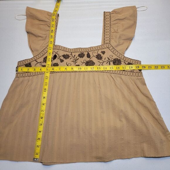 Mine Cotton Embroidered Tan Peasant Flutter Sleeve Boho Women's Top - Picture 10 of 10